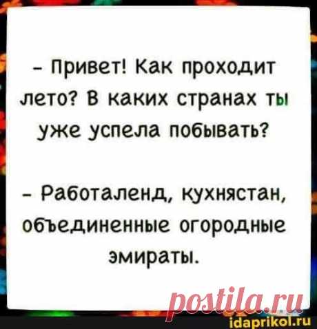 Привет! Как проходит лето? В каких странах ты уже успела побывать? - Работаленд, кухнястан, обединенные огородные эмираты. – популярные мемы на сайте idaprikol.ru