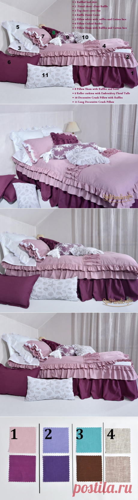 set of 4 items Ruffled bed skirt Fitted by QuiltHandicrafts