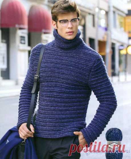 Синий пуловер для мужчин спицами