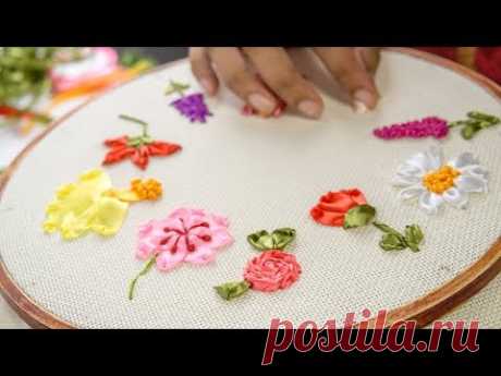 10 RIBBON EMBROIDERY FLOWERS: Hand Stitching Tutorial for Beginners
