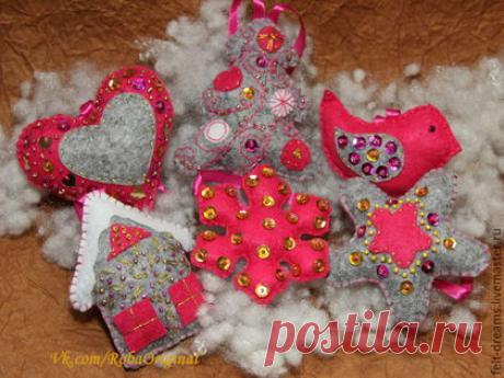 Купить Новогодние елочные игрушки из фетра - серый, серый цвет, розовый, розовый цвет