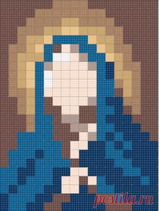 an image of a woman with blonde hair and blue eyes, in the style of pixel art