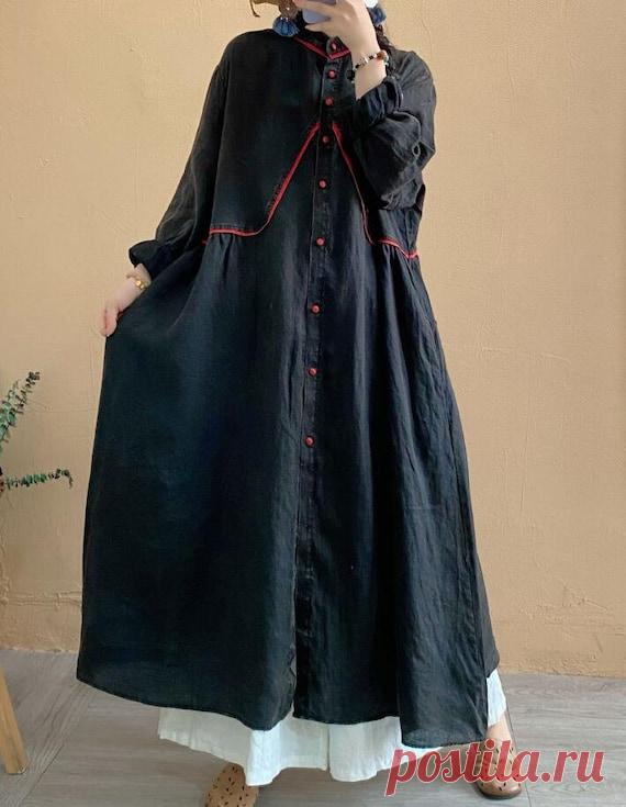 Linen Shirt dress dresses with pocket women Single breasted | Etsy 【Fabric】 linen 【Color】 Black, green, purple, orangered 【Size】 shoulders 46cm/ 18 sleeve 53cm/ 21 Bust 124cm / 48 Clothing length 118cm / 46   Washing & Care instructions: -Hand wash or gently machine washable do not tumble dry -Gentle wash cycle (40°C) -If you feel like ironing (although should not