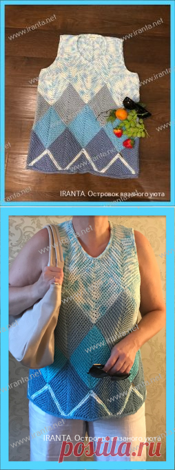 Топ с разрезом на спинке, выполненный в технике пэчворк. Спицы.