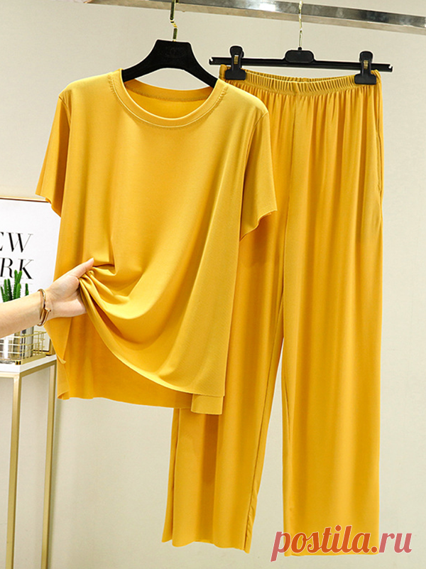 Relaxed Comfort: Casual Short Sleeves Solid Color Pajama Set