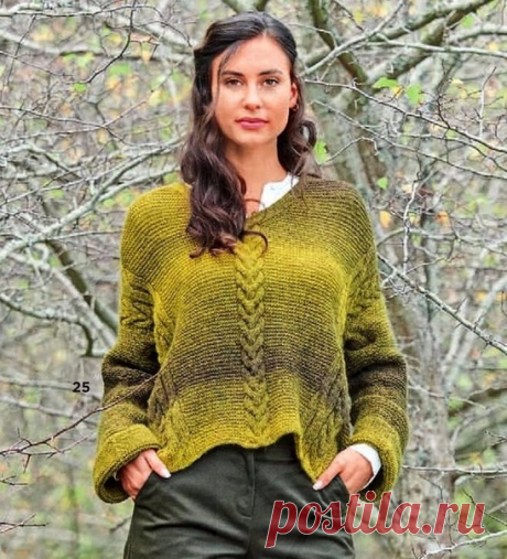 Пуловер оверсайз

Размеры : 38-40 (42-44, 46-48).

Вам потребуется: 400 (600, 600) грамм цвета карри и хаки секционного крашения пряжи, состоящей из 50% натуральной шерсти, 50% полиакрила, длиной нити 700 в 200 граммах; спицы № 4; круговые спицы № 4. 

Узор 1: платочная вязка = лицевые и изнаночные ряды – лицевые петли. Ко всем узорам из «кос» относится: на схемах даны лицевые ряды. В изнаночных рядах все петли провязывать по рисунку. 

Узор 2: узор из кос А (на 25 петлях)...