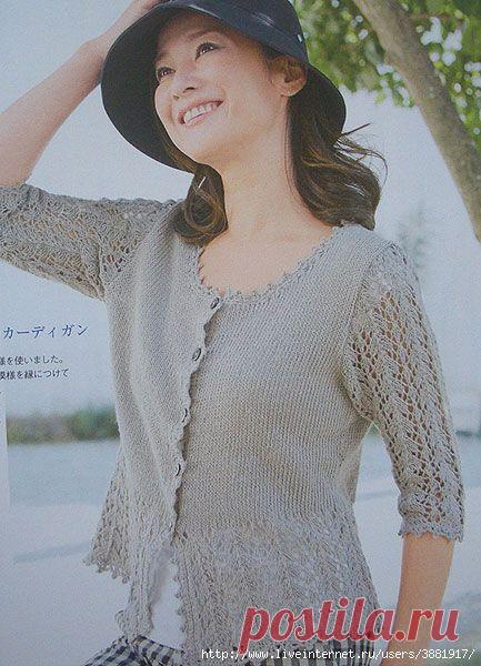 Вязание. Жакет с ажурными рукавами, спицами..