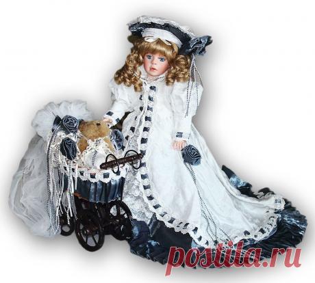 Маленькая инфанта на прогулке со своим плюшевым медвежонком Teddy в винтажной колясочке. / Фарфоровые куклы / Шопик. Продать купить куклу / Бэйбики. Куклы фото. Одежда для кукол