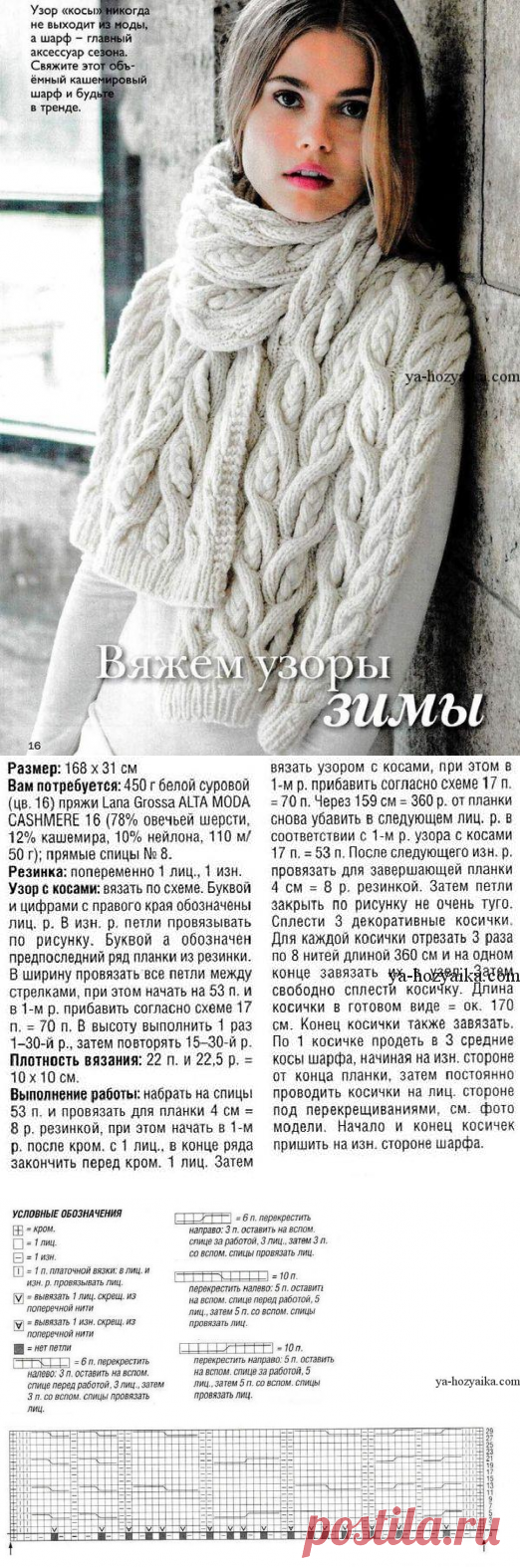 Белый шарф с косами спицами. Связать спицами модный женский шарф
