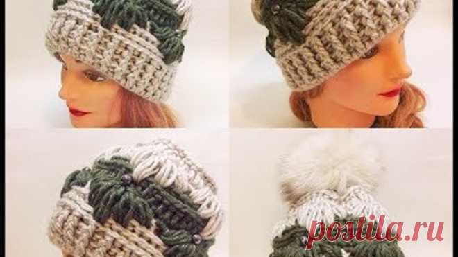 Шапка крючком на основе узора Гусиные лапки.crochet cap