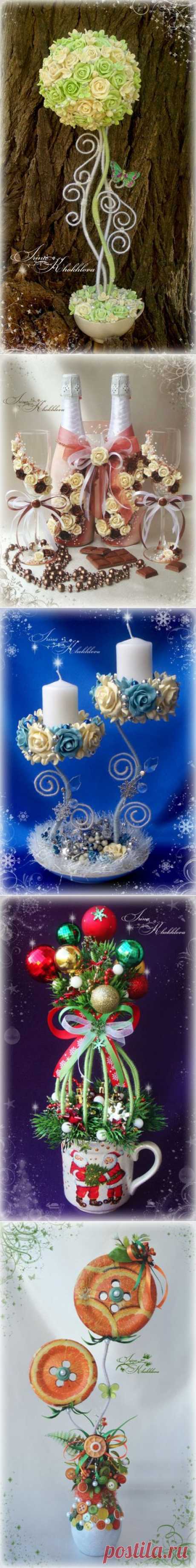Декор бутылок бокалов, топиарии, рамочки.
