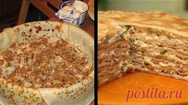 Блинный пирог с курицей и грибами