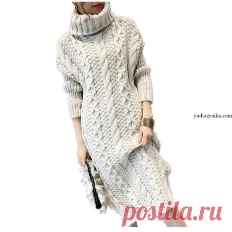 Стильное платье спицами рельефными узорами. Связать модное платье своим руками