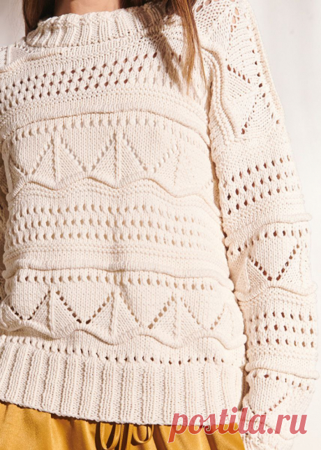 Свитер с разными рельефными узорами спицами - WEKNIT Привлекательный ажурный пуловер из хлопковой пряжи с акрилом – отличный выбор для весны и лета.