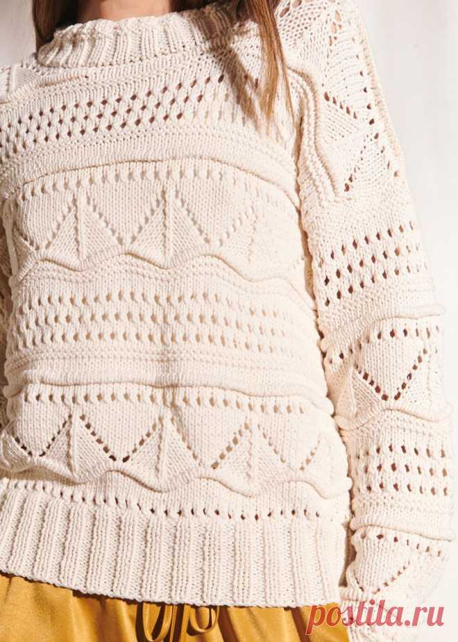Свитер с разными рельефными узорами спицами - WEKNIT Привлекательный ажурный пуловер из хлопковой пряжи с акрилом – отличный выбор для весны и лета.