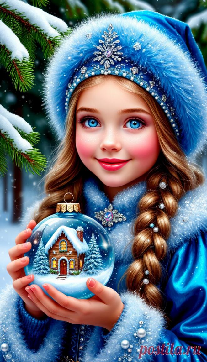 Зима, снег,  крупным планом красивое лицо Снегурочки, огромные, добрые, голубые глаза  девочки, румянец, милая улыбка, красивые длинные волосы, голубая дублëнка, расшитая жемчугом и голубая шапочка из пушистого меха, боке,  самоцветы, стразы, огоньки, волшебный мир, сказка. Снегурочка держит в руках большой стеклянный шар с игрушечным новогодним домиком и  черепичной крышей внутри. Стиль новогодней открытки...
