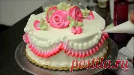 Basic Rose Swirl Cake With Whipped cream frosting Tutorial video making a cake with whipped cream icing designed with roses in swirl design the roses are colors in 2 color white and pink roses Rose Swirl Cake With Whipped ...