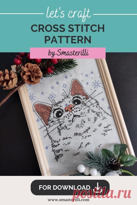 White cat with snowflakes cross stitch pattern PDF by Smasterilli, winter embroidery design. Digital cross stitch pattern for instant download. Cat Lover's Gift idea for handmade craft