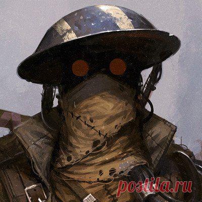 Дизельпанк. Солдат. Очки с красными стёклами. Бандана. Каска.