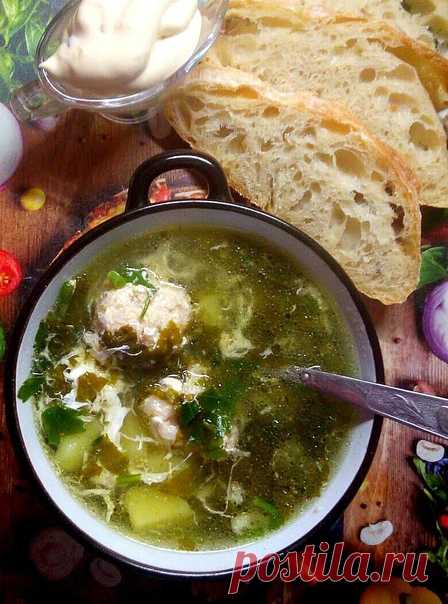 Щи из щавеля с фрикадельками.

В куриный бульон добавить картофель кубиками и варить до готовности.Порезать щавель,зелень петрушки,укропа и зелёный лук.К картофелю добавить фрикадельки куриные и варить 5мин с момента закипания....
Затем добавить щавель с зеленью.Довести до кипения и опустить предварительно разболтан.свежие яйца (2-3).Помешивая довести до кипения и выключить.
Подать с соусом или сметанкой.
Просто,быстро и вкусно