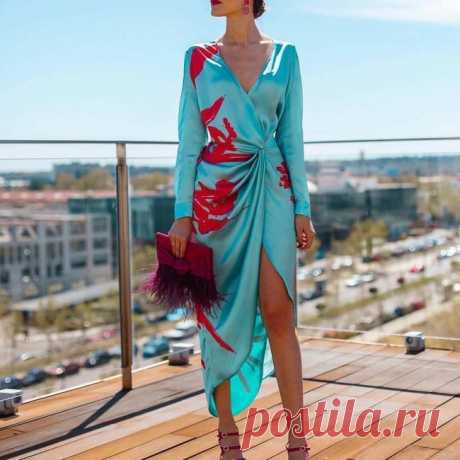 US$ 54.17 - Fashion V-Neck Waist Long Sleeve Print Dress - www.joymanmall.com
