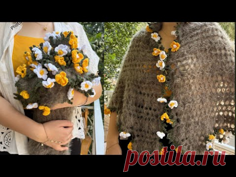 Вязаная треугольная шаль 🧚 Букет ромашек