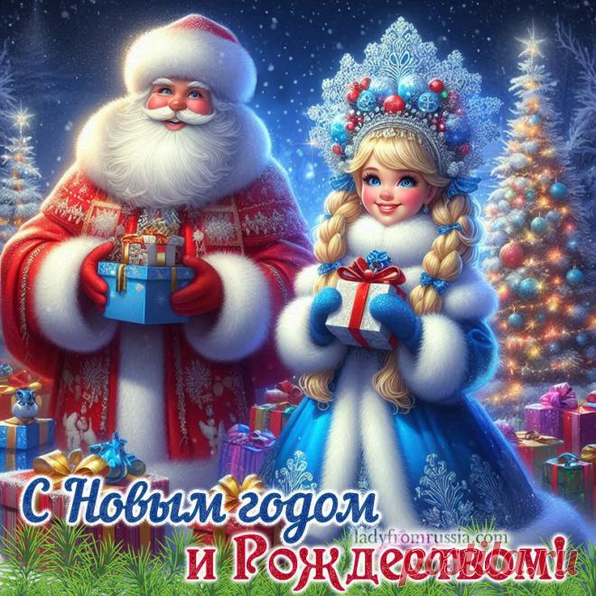 Скачать открытку с Новым годом и Рождеством, картинка с Дедом Морозом и Снегурочкой