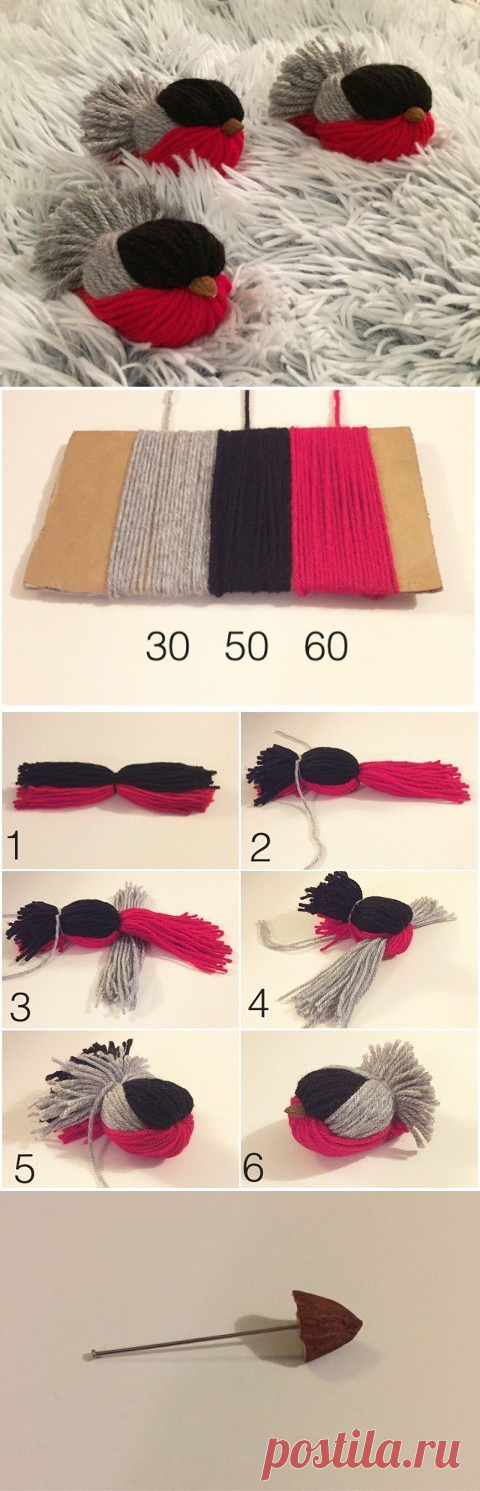 Снегири из ниток - украшаем дом к празднику