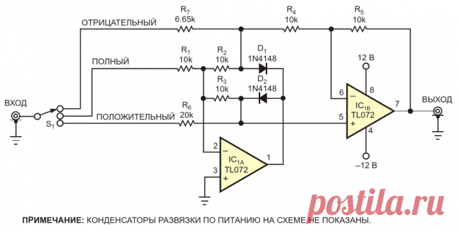Эту универсальную схему прецизионного выпрямителя можно использовать для восстановления положительных пиков, отрицательных пиков или обоих в двухполупериодном режиме - Просмотр и загрузка