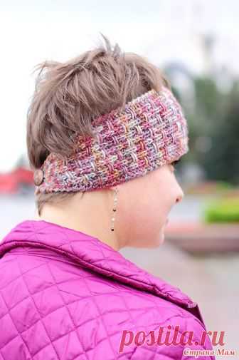 Тёплая повязка на голову, спицами, узором 