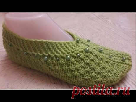 ОДНИМ ПОЛОТНОМ!!! Тапочки следки на двух спицах.
