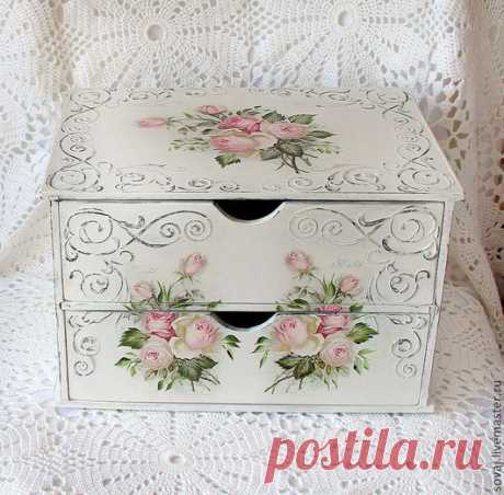 Купить Мини комодик шебби-шик &quot; Розы&quot; - белый, комодик, мини комодик декупаж