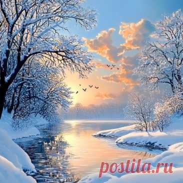 a painting of snow covered trees, water and birds flying in the sky at sunset