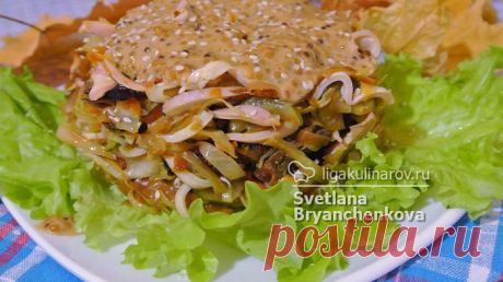 Салат с кальмарами и овощами – рецепт с фото от Лиги Кулинаров, пошаговый рецепт