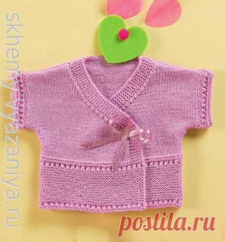 Розовая кофточка с коротким рукавом для девочки до года. Схема вязания спицами и описание.