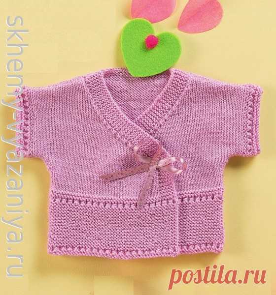 Розовая кофточка с коротким рукавом для девочки до года. Схема вязания спицами и описание.