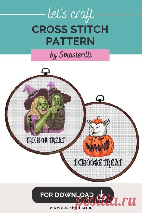 Two witches yelling at cat cross stitch pattern PDF by Smasterilli. Digital cross stitch pattern for instant download. Cat Lover's Gift idea for handmade craft. Halloween handmade crafts