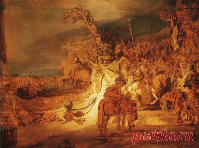 «Единение страны» - Рембрандт. 1641. Гризайль «Единение страны» Рембрандт написал в 1641. Под таким названием картина была внесена в инвентарь имущества в Роттердамском музее Бойманса и ван Бенимгена. Картина была продана в 1656 году, чтобы удовлетворить кредиторов музея.