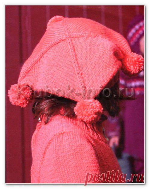 Вязание спицами для детей. Однотонный квадратный берет "бакалавр" с помпонами