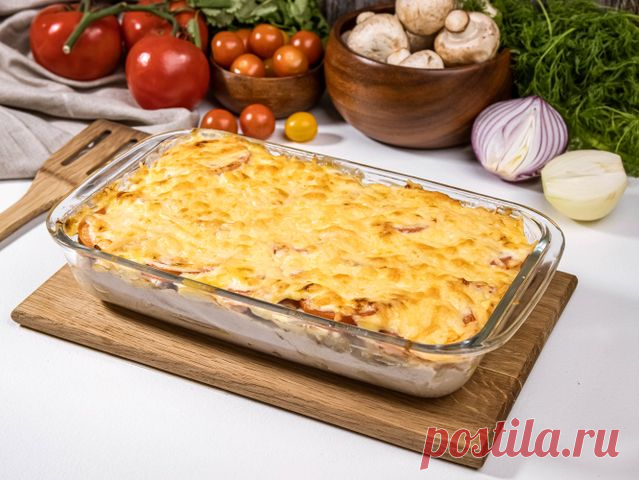 Запеченный картофель с курицей – пошаговый рецепт приготовления с фото Картофель, запеченный в духовке, с курицей, грибами и помидорами — это самодостаточное блюдо, в котором есть и мясо, и гарнир. Оно получается сочным, вкусным и сытным.