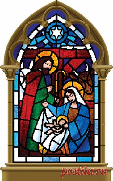 Stained glass window depicting Christmas scene in gothic frame... Stained glass window depicting Christmas scene in gothic frame isolated on white background. Vector illustration. EPS10. Contains transparent objects used for shadows drawing. Zip-file includes: AI ,...