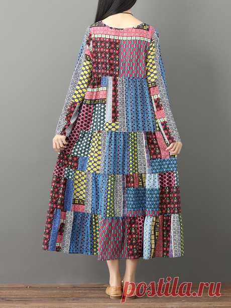 Gracila Print Patchwork Loose Women Dress at Banggood