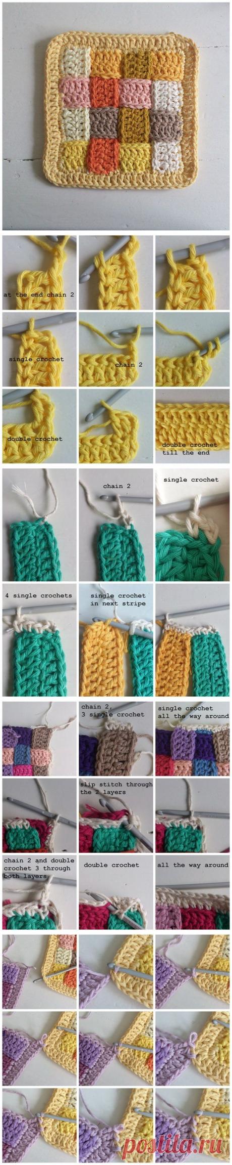 Квадратный мотив, можно использовать как подставку под горячее или прихватку или же связать красочный плед.