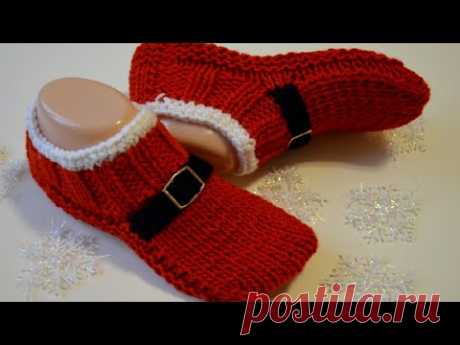 Новогодние тапочки - следки двумя спицами без швов.