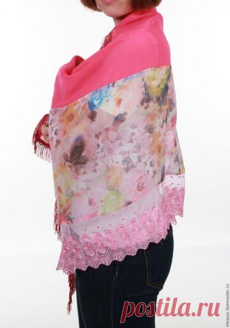 Купить Палантин &quot; Розовый пион&quot; - шарф, шарф женский, шарфик, легкий шарфик