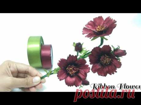 DIY/how to make satin ribbon flower cosmos easy