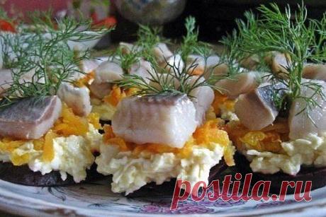 Порционная закуска : сельдь (можно пресерва) свекла отварная - 3 шт. морковь отварная - 3 шт. плавл. сыр - 1 шт. яйцо вар. - 1 шт. майонез - по вкусу зелень - для украшения Итак, из свеклы вырезаем небольшие кружочки Из плавленого сыра, яйца и майонеза готовим сырную массу (все трем на мелкой терочке). Вареную морковь натираем на крупной терке. Теперь формируем закуску. На колечко свеклы выложим сырную массу, поверх нее - слой яркой моркови. И все это венчаем кусочками сельди.