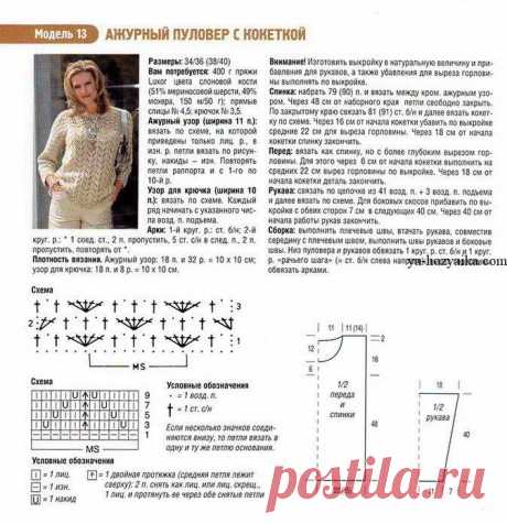 Ажурный пуловер с кокеткой связанный спицами и обвязка крючком.