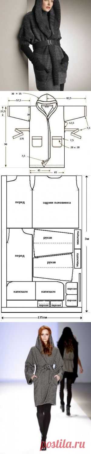 ШЬЕМ ПАЛЬТО С КАПЮШОНОМ И РУКАВОМ «ЛЕТУЧАЯ МЫШЬ»