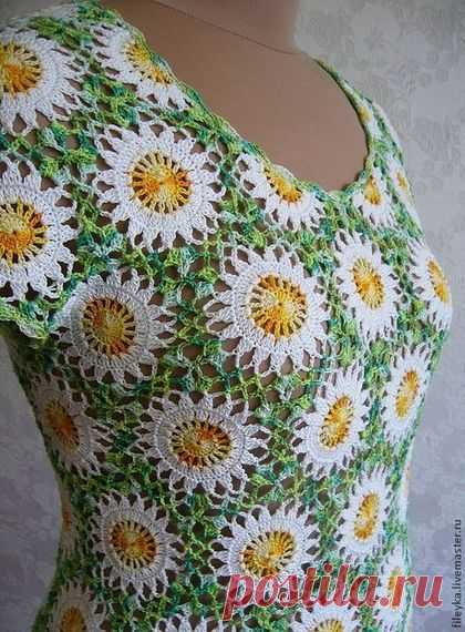 "Любит-не любит" вязаный топ - цветочный,ромашки,топ из хлопка,топ летний